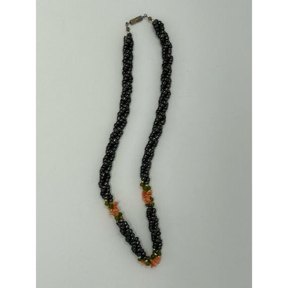 American Vintage Jewelry Necklace 70s Multistrand Hematite Twist Coral Flowers - Picture 2 of 7